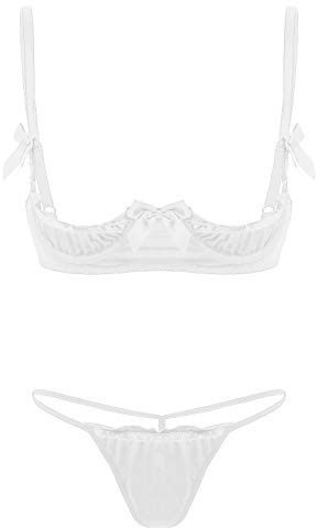 Mufeng Women's Lingerie Set Floral Lace Unlined Quarter Cup Shelf Bra with Bikini Briefs Underwear White 7 One Size