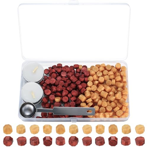 Siegelwachsperlen, achteckige Wachsstifte, Wachssiegel-Set mit Kerzen, Teelöffel, für Wachssiegel, Buchstabenwachsperlen – 320 Stück/Rot, Gold