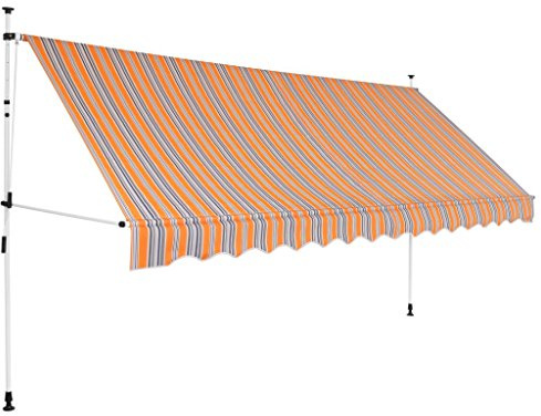 Homgoday Tenda da sole retrattile, azionata a mano, con morsetto, regolabile, protezione solare con manovella, impermeabile, per terrazza, balcone, finestra, 350 cm, colore giallo/blu a righe
