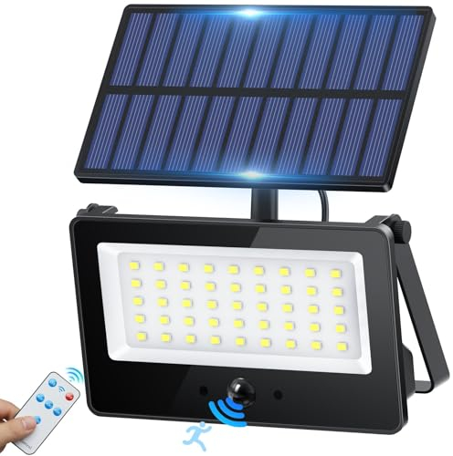 Realky Lampe Solaire Exterieur Détecteur de Mouvement, 4 Modes/2600mAH Projecteur Exterieur LED Solaire Avec Télécommande, IP65 Étanche Lampe Solaire Exterieur Jardin pour Garage, Patio, Cour