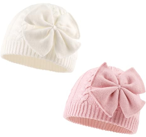 XIAOHAWANG Baby Mütze Mädchen Strickmütze Kinder Wintermütze Warm Kindermützen Mit Schleife (Weiß+Rosa, M)