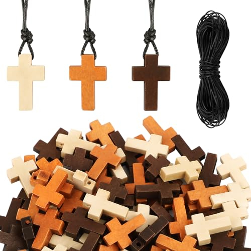BOFUNX 90 Stücke Holzkreuz Anhänger 3 Farbe Klein Holz Kreuz Charms Kommunion Tischdeko Streudeko mit 15M Schwarz Schnur für DIY Handwerk Armbänder Halskette Kommunion Taufe Geschenke