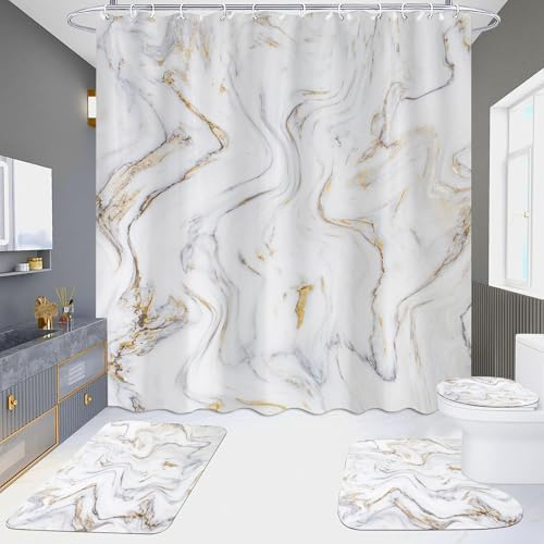 Duschvorhang Goldenes Weiß Badezimmermatte 4-Teiliges Set Verdickung, Duschvorhang Stoff+Badezimmermatte rutschfeste(45x75cm)+U-Typ Fußmatte Wasseraufnahme+Toilette Fussmatte Innen