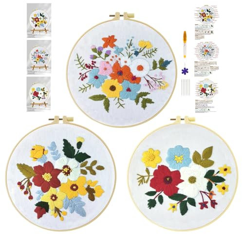 cukol cukol 3pcs Kit Ricamo Principianti Fiore, Embroidery Kit, Schemi per Set Ricamo Starter Mezzo Punto Croce Kit da Ricamare Mezzopunto a Mano Stampato Bambini