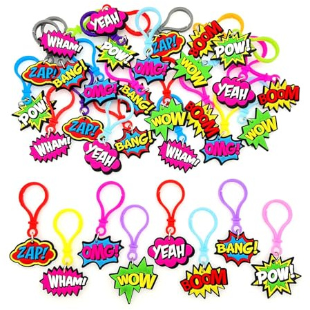 JZK WOW BOOM BANG WHAM OMG POW YEAH ZAP, portachiavi in stile fumetto, regalo per gli amanti dei fumetti, personaggi dei fumetti, con lettera per feste a tema