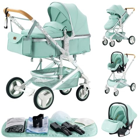 GLOKID Kinderwagen 3 in 1,Reisesysteme, Buggy mit Umkehrbarem Zwei-Wege-Schub,Babywanne Buggy&Sportsitz,Voll-Gummireifen,Mit Einem Klick Zusammenklappbarer,Zubehör,Tragbarer (LQL H530 Grün)