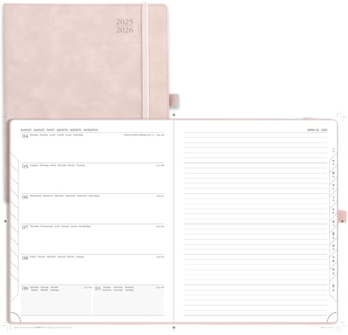 POPRUN Agenda 2025 2026 Semainier et Carnet de Notes,26,5 x 21,5 cm D'Août 2025 à Déc 2026 Scolaire - Couverture Souple en PU Cuir, Onglets Mensuels, Papier 80g/m², Signets ruban, Rose Doux