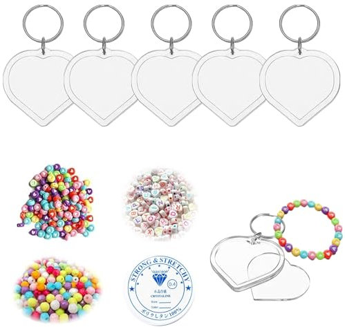 Lot de 5 porte-clés en forme de cœur - Personnalisables - Avec perles - Transparent, Blanc., Breit
