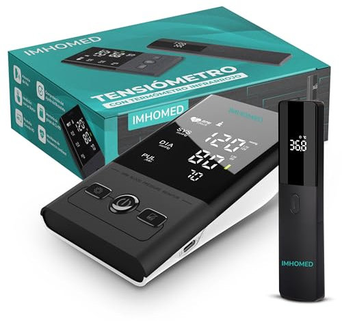 IMHOMED Tensiometro de Brazo Digital+Termometro Digital PACK PREMIUM, Uso Médico Validado, Doble Alimentación USB-C, Voz en Español, Pantalla HD, Medición Precisa Presión Arterial y Temperatura.