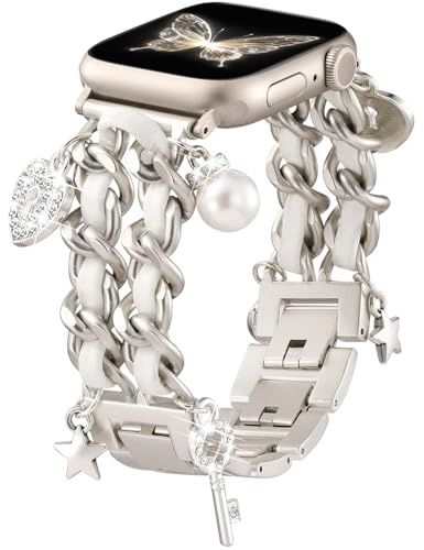 Wepro Band kompatibla med Apple Watch-remmar 40 mm 38 mm 41 mm 42 mm 44 mm 45 mm 46 mm 49 mm, justerbar kedjelänk rem med ersättningstillbehör för iWatch Band Series 10 9 8 7 6 5 4 3 SE, Starlight