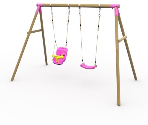 Plum Play Kids Outdoor Wooden Round Pole Garden Swing Set with Ground Anchors - Safe Sturdy A Frame - Suitable for up to 50kg per accessory - Up to 5 year Warranty (Double Pink with Baby Seat)