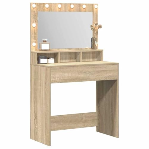 vidaXL Smyckebord Sonoma-ek 75,5 x 41 x 135 cm Konstruerat trä, Modern rektangulär förvaringsenhet, sovrumsmöbel, sminkbord, minimalistisk sminkplats med lampor, hållbart konstruerat trä