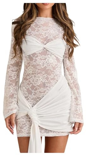 Verdusa Women's Lace Mini Dress Long Sleeve Bodycon Mesh Dresses Formal Wedding Guest Dress White