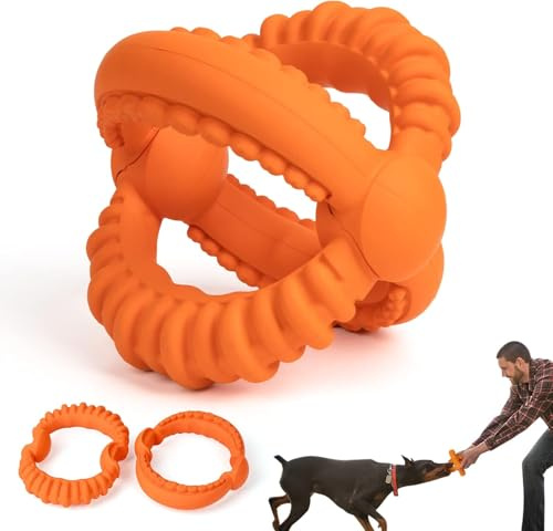 IFurffy Interactive Dog Toys, Dog Chew Toys with 2 Rings for Large Breed, Detachable Tug Toy with Nature Rubber for Teeth Cleaning and Fetch Training
