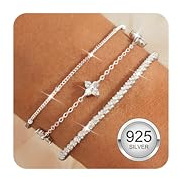 Diamday 3Pcs Silver Bracelets for Women Sterling Silver Bracelet Adjustable Layered Ladies Bracelets Set Dainty Beaded Link Chain Stackable Womens Bracelet Silver Jewelry Gifts for Women Girls A