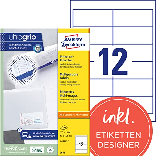 AVERY Zweckform 3659 Adressaufkleber (1.200 Klebeetiketten, 97x42,3mm auf A4, Papier matt, bedruckbare Absenderetiketten, selbstklebende Adressetiketten mit ultragrip) 100 Blatt, weiß