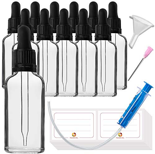 HandsUnity 50ml-12 pièces de Flacon de Verre pour Pipette - Ensemble de Pots de Pharmacie en Verre Transparent Avec Bouchon de Pipette Noir Comprenant 29 Accessoires Flacons en Verre Clair