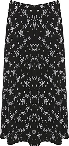 WearAll Womens Plus Floral Midi Skirt Ladies Elasticated Waist Print Stretch Long Black White 16-18