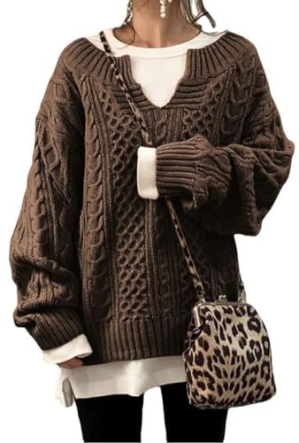 chouyatou Women's Winter Chunky V Neck Long Sleeve Loose Cable Knit Sweater Pullover (Medium, Brown)
