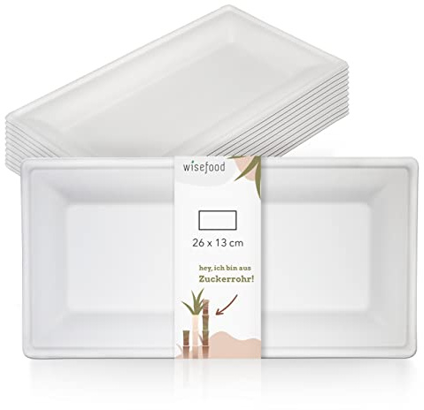 wisefood Piatti di canna da zucchero – 100 pezzi piatti in bagassa monouso rettangolari 26 x 13 cm – Piatti di carta ideali come piatti per feste o piatti da menù – stoviglie in canna da zucchero