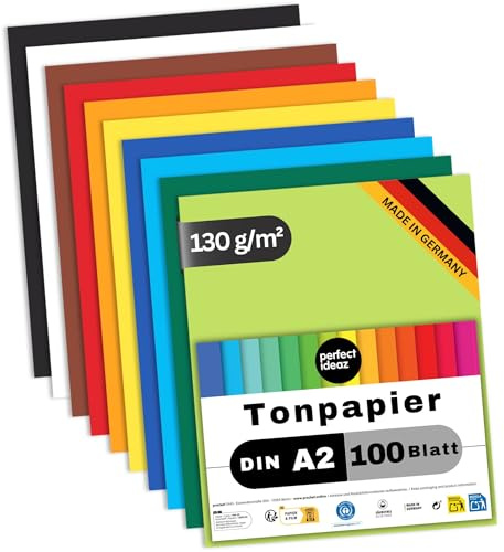 perfect ideaz - Tonpapier DIN A2 – 100 Blatt, 10 kräftige Farben, 130 g/m², voll durchgefärbt & lichtbeständig, Blauer Engel zertifiziert, Made in Germany – Bastelkarton