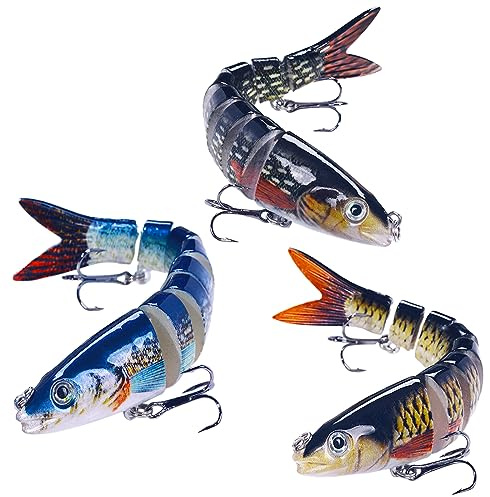 Kissral Appât de Pêche 3 Pièces Multi Articulé Wobbler Swimbait pour Sandre Maquereau Morue Truite avec Queue Spinner