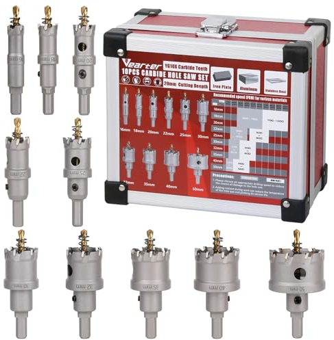 Vearter 10 Stück Lochsäge Set, 16–50mm Hartmetall Lochsägen Set, TCT Lochbohrer Bohrer für Edelstahl, Eisen, Baustahl, Aluminium, Legierung, Kunststoff, Glasfaser