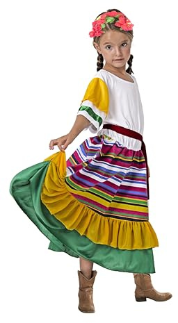 Gojoy shop-Disfraz de Vestido Tradicional Mexicana para Niñas,Estilo Nacional,Manga Larga Carnaval Halloween (Contiene:Vestido,Cinturón,Diatema y Mochila de Cuerdas.) (7-9 años)