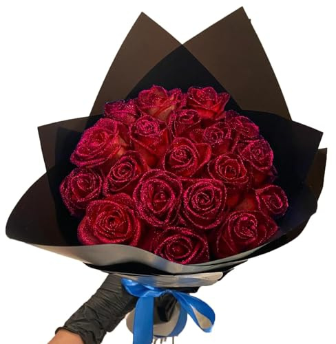 Bouquet di rose glitterate artificiali, bouquet fai da te, bouquet di rose finte lucide, regalo d'amore, con glitter rosa, bouquet fai da te, regalo per San Valentino (colore rosso, 50 pezzi)