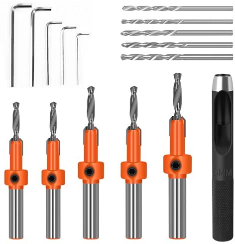 10 Piezas Broca Avellanadora Madera, Brocas para Madera Juego, con 5 Llaves Hexagonales y 1 Punzón, Juego de Brocas Avellanadoras de Profundidad Regulable, para Taladrar en Carpintería