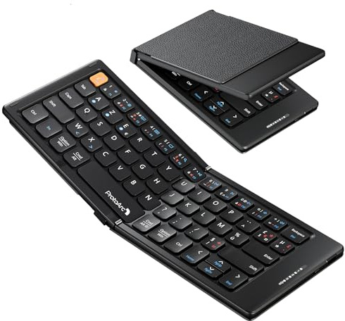ProtoArc XK04 Clavier Compact Pliable Bluetooth Portable avec Housse Cuir PU, Mini Sans Fil pour iPad iPhone Mac Android Windows iOS - Noir