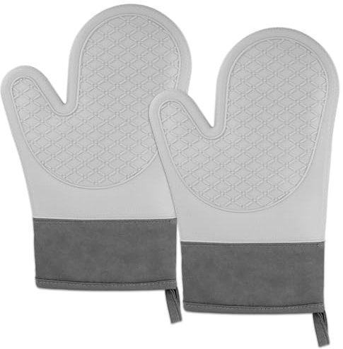 Ofenhandschuhe Silikon, 2PCS Backhandschuhe,Hitzebestaendig,Silikon Anti-Rutsch Kochhandschuh die Innenseite ist aus Baumwolle, Grau Silikon Handschuhe der Küche