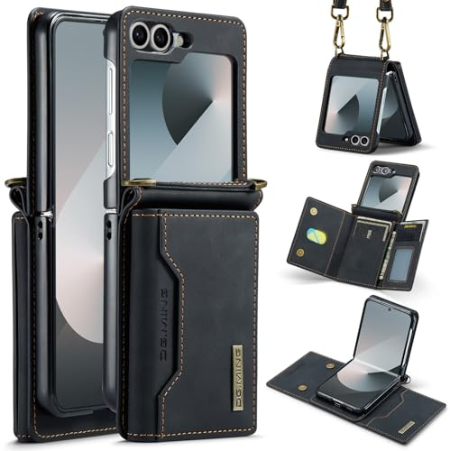 Étui portefeuille pour Samsung Galaxy Z Flip 5, étui en cuir mat avec porte-cartes et bandoulière amovible - Noir