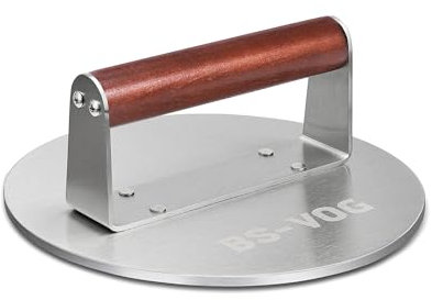 BS-VOG 21,6 cm Smashed Burger Press, 1,15 kg Peso Elevato con Manico in Legno, Pressa per Hamburger in Acciaio Inox per Carne, Patty, Steak, Bacon, Salsiccia, Accessori per Barbecue Professionale