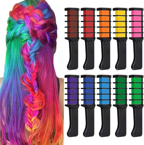 Temporary Bright Hair Chalk Set, 10 Colours, Metallic Glitter, with Comb, for Kids' Hair Dyeing, Parties, Cosplay, Halloween, Christmas (Multi Colours, 10 Pcs Hair Chalk)