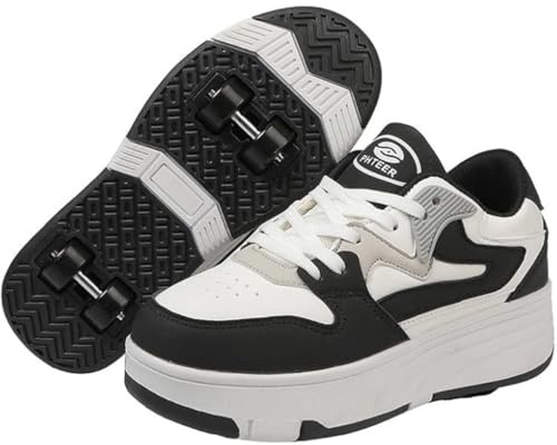 PEIHUODAN Chaussure Roulette Enfant Garçons Filles avec 4 roulettes Chaussures A roulettes Retractable Basket Roller Réglables Adolescents pour Intérieur Extérieur (31,Noir)