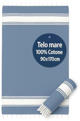 Large Beach Towel 90 x 170 cm 100% Cotton - Beach Towel with Fringes - Sandproof, Lightweight, Absorbent and Compact - Fouta for Hammam, Sauna, Travel, Pool, Yoga, Camping, (Blue)