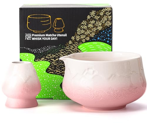 TEANAGOO Matcha Bowl with Spout,2-Pcs Fuji Design Ceramic Bowl and Whisk Holder(chawan),18.9oz/560ml Pink Matcha Bowl with Stand, Gift Set for Friend/Family