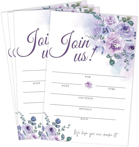 Set of 25 Join Us Invitations with Envelopes, Purple Floral Bridal Invites for Mr & Mrs, Fill in Style Invites Cards for Wedding, Baby Shower, Birthday Engagement, Bridal Shower Party