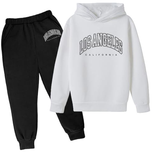 Ensemble de survêtement 2 pièces pour filles et enfants à capuche Los Angeles Californie - Ensemble de sport confortable avec doublure en polaire, blanc, 12-13 ans