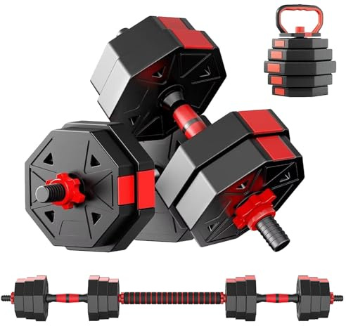 DECODEKO Juego de Mancuernas Ajustables 3 en 1, 10kg con Barra Recta y Kettlebell - Discos Recubiertos Antideslizantes para Entrenamiento en Casa​​