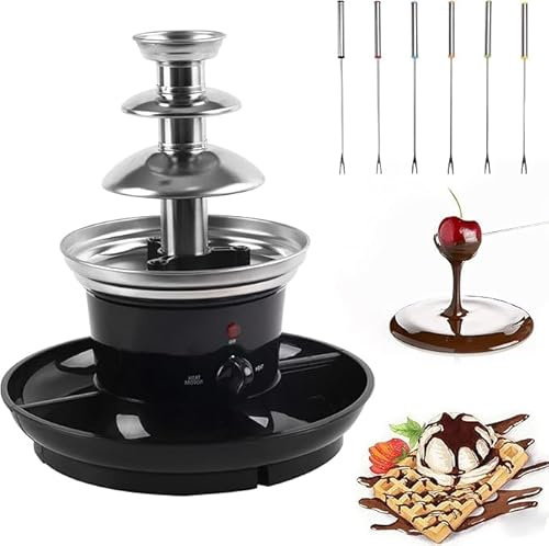 Fontana elettrica di cioccolato a 3 livelli, capacità 0,45 kg, set per fonduta in acciaio inox, per feste con 5 spiedini e piastra in plastica, ideale per cioccolato, formaggio, salse, 26 x 27,2 cm