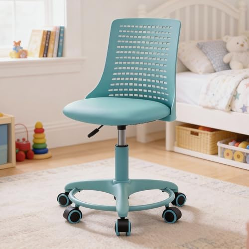 DAYALANE Silla de escritorio ajustable para niños, sin brazos, silla de oficina giratoria con cojín de asiento de piel sintética y respaldo transpirable para el hogar, estudio, lectura, color azul
