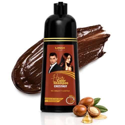UNIK Care Chestnut Hair Dye Shampoo 400ml – Grey Coverage, Ammonia Free | Chestnut Ammonia-Free Hair Dye Shampoo for Grey Coverage, 400ml, Easy 3-in-1 Colour Shampoo for Men & Women