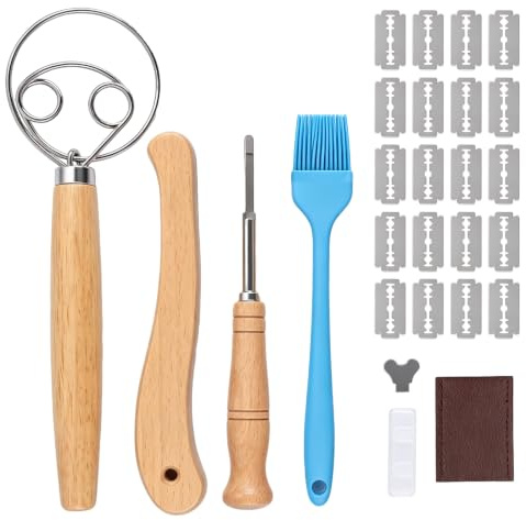 Carehabi Set de cuchillos de panadero y mezclador de masa, batidor danés, 2 cuchillos para pan para cortes rectos y curvos, incluye 20 cuchillas, pincel de silicona y fundas protectoras.