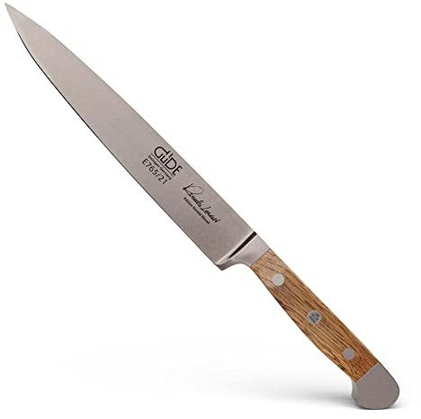 GÜDE Solingen - Schinkenmesser geschmiedet, 21 cm, Fasseichenholz, ALPHA FASSEICHE, Tranchiermesser, Doppelkropf, Handmade Germany, Eiche
