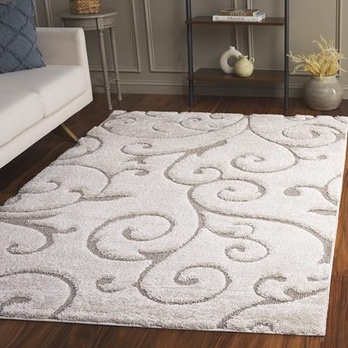 SAFAVIEH Florida Shag Collection Area Rug - 5'3 x 7'6, Cream & Beige, Scroll Design, Non-Shedding & Easy to Clean, High-Low Plush Pile, Ideal for Living Room, Bedroom, Dining Space (SG455-1113)