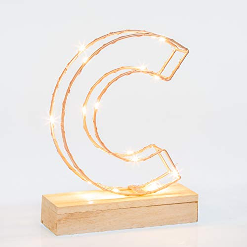 Light Up Letter C | LED Alphabet Wire Frame Letter Lights | Rose Gold Copper Initials | Personalised Lighting | Battery Powered | Office Living Room Bedroom
