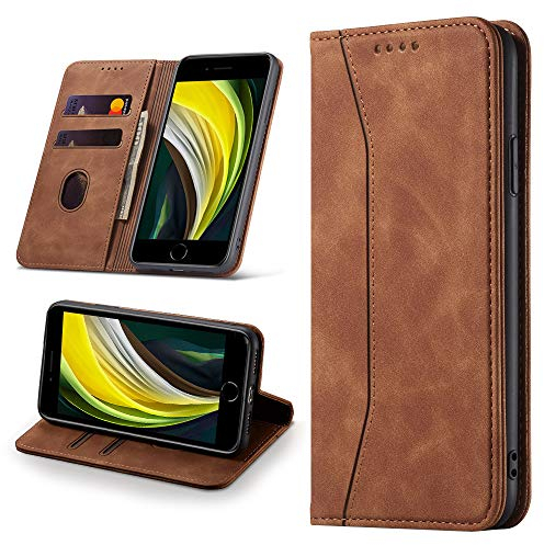 Leaisan Handyhülle für iPhone SE 2022/iPhone SE 2020 Hülle, iPhone 8/iPhone 7 Hülle Premium Leder Flip Klappbare Stoßfeste Magnetische [Standfunktion] [Kartenfächern] Schutzhülle Tasche - Braun