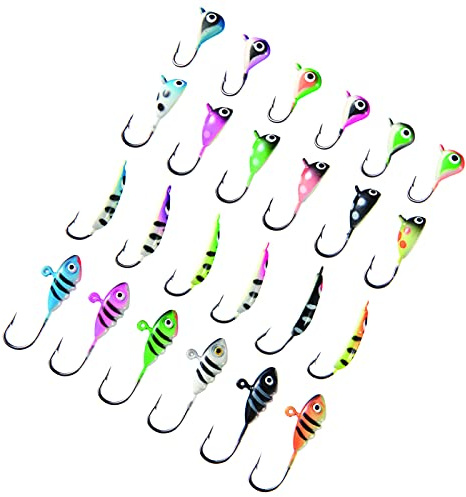 BASSDASH Ice Fishing Lure Kit Glowing Paint Jigs for Winter Ice Jigging Crappie Sunfish Perch Walleye Pike with Tackle Box (BI03-24pcs Assorted Crappie/panfish/Perch jigs)